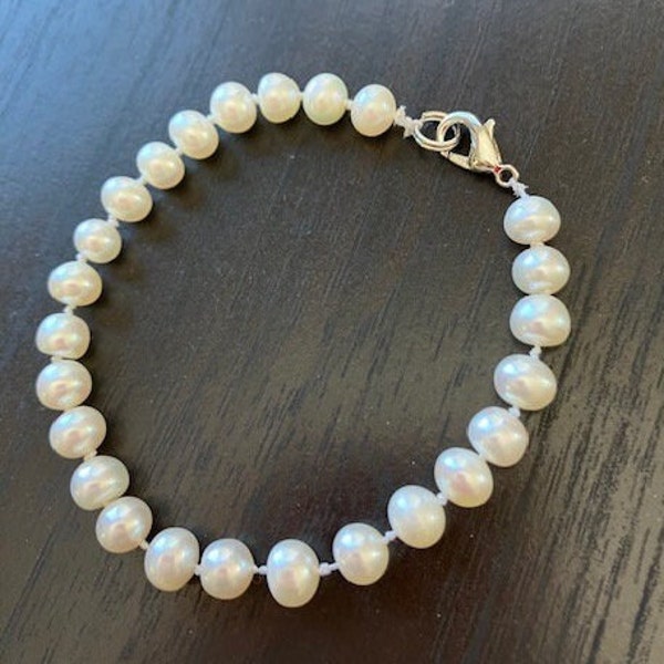 Hand Knotted 7mm White Freshwater Pearls Bracelet, 7.25 inches, Silver tone