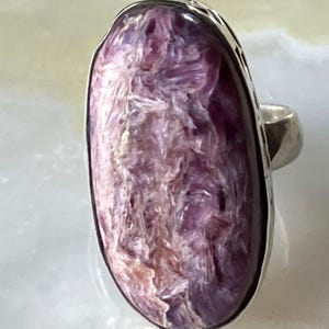 Vintage 925 Sterling Silver INDIA Charoite Cabochon Filigree Statement Ring Size 6.5
