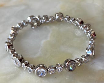 925 Sterling Silver KUNSIR Round cut CZ 7"~ 8.5" Bracelet, 13g, marked 925