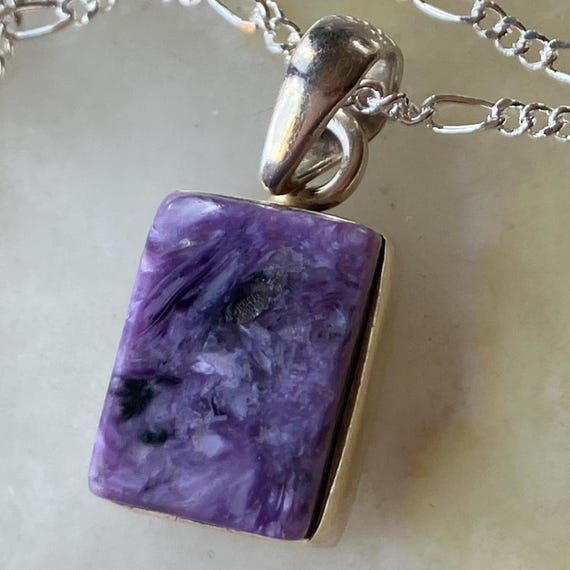 925 Sterling Silver Rectangle Charoite Pendant Ne… - image 2