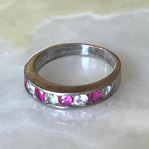Vintage 925 Sterling Silver Pink Ruby and White Topaz Band Ring Size 7, marked 925, 3.5g