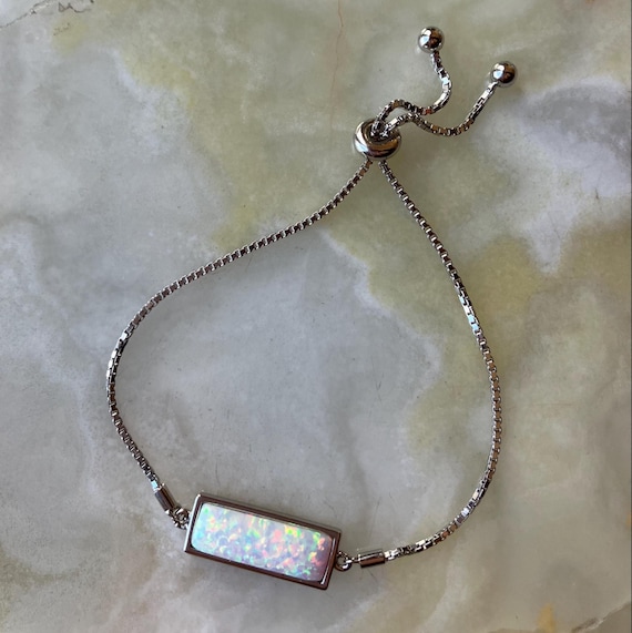 925 Sterling Silver Rectangle White Opal Adjustab… - image 1