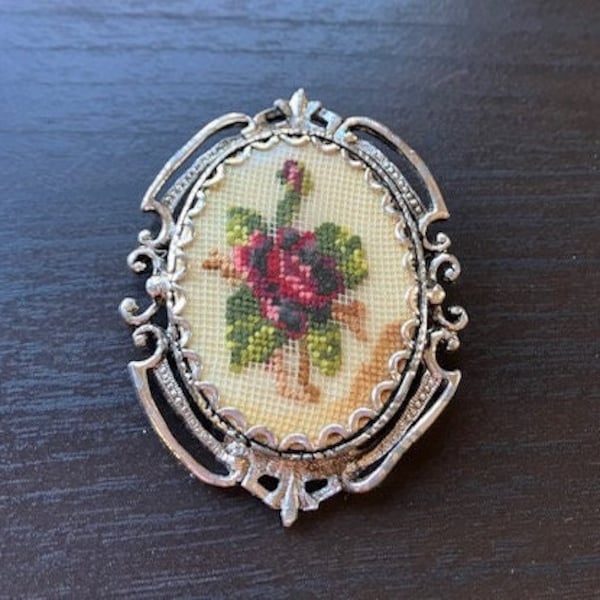 Vintage Antique Rose Needlepoint Pin Brooch, Silver tone, Oval shape, 2.25 x 1.75 inches, Sold AS IS