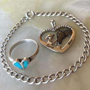 Vintage 925 Silver Jewelry set: 925 Sterling Silver Curb Chain Bracelet, Mini Turquoise Heart ring, Open Heart  Pendant.