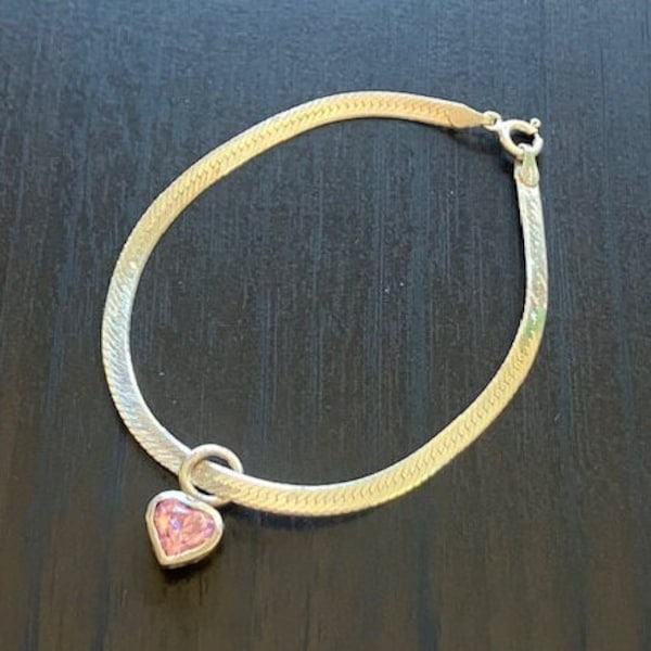 Vintage ITALY 925 Sterling Silver Flat Snake Chain 2-Way Bracelet With or Without Pink Heart Cubic zirconia Charm, marked 925 ITALY, 7"