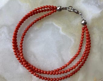 2 mm Orange Genuine Coral Beads -Beaded Three Strand Handmade Bracelet, 7.75 inches, Silver tone