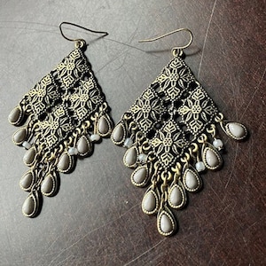 Vintage Big Dangle Earrings with gray Teardrop fringes, Gold tone