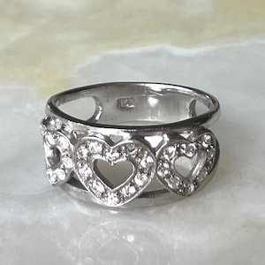 Vintage 925 Sterling Silver Three Open Hearts CZ Ring Size 9.5, marked 925, 4.6g
