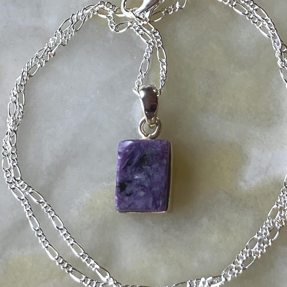 925 Sterling Silver Rectangle Charoite Pendant Ne… - image 5