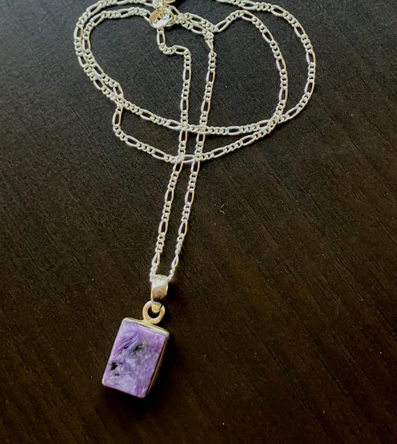 925 Sterling Silver Rectangle Charoite Pendant Ne… - image 7