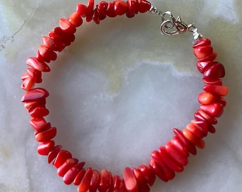 Natural Red Coral beaded Handmade 7.5" Bracelet, Silver tone