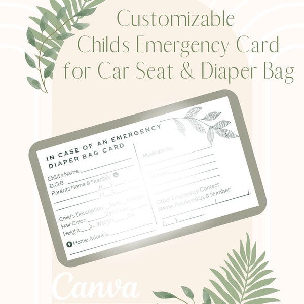 Child EMERGENCY Card for Car Seat or Diaper Bag/ Waller Sized/ Business Card Size Simple Neutral Colors