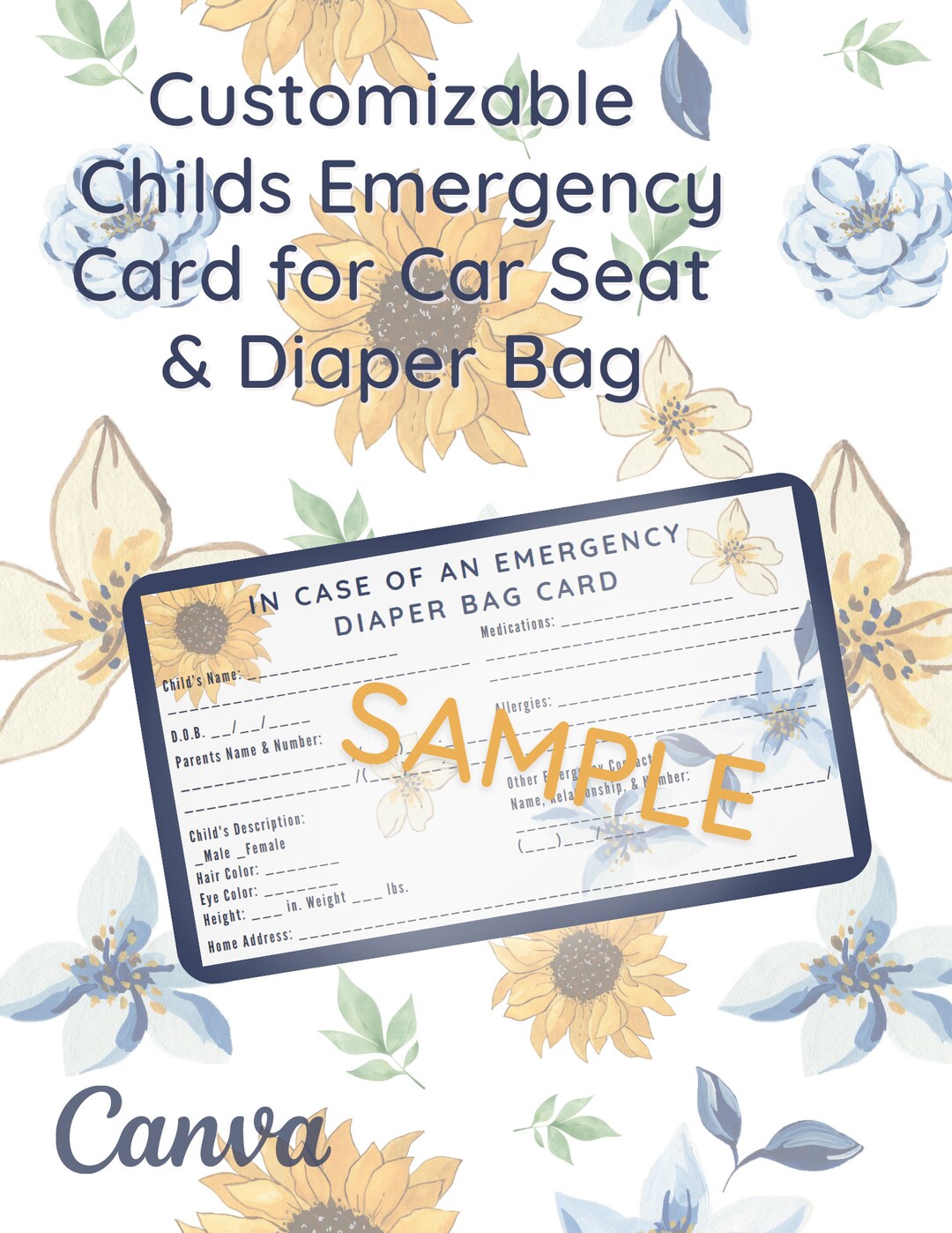 Emergency INFO Child EMERGENCY Card for Car Seat or Diaper Etsy