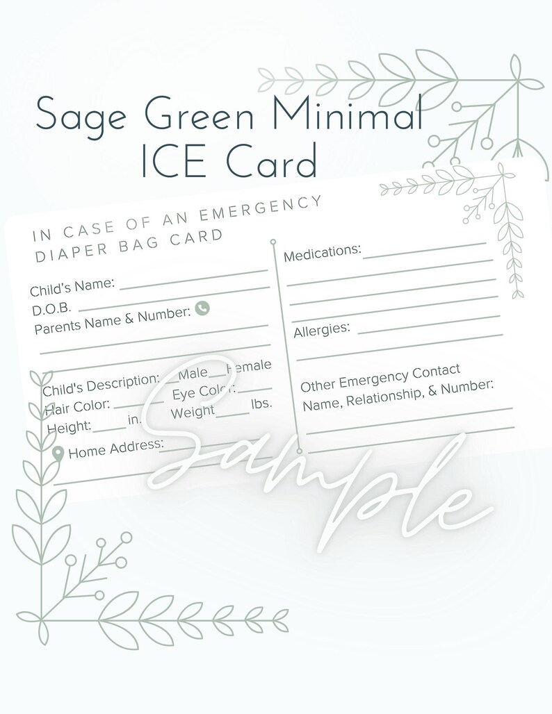 Child EMERGENCY Card for Car Seat or Diaper Bag/ Waller Sized/ Business