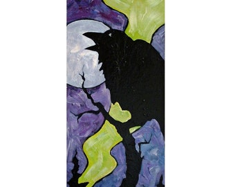 Original 36X12" Painting of Raven and Moon | Dark Night Forest & Crow | Long Tall Iridescent Textured Minimalist Art | Gift for Bird Lover