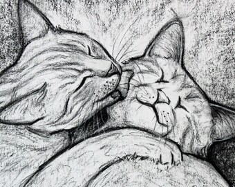 Original Charcoal Drawing of Cats Grooming, Cleaning | Tabby Cat Character Illustration Art | Pussycat Caricature Portrait | Cat Love Gift