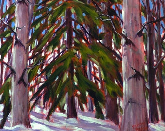 Original-Kunstgemälde | Verschneite Waldlandschaft | Winterlicher Borealwald-Baumumarmer | Pappel- und Fichtenbaumlandschaft | Bebende Aspen-Waldlandschaft