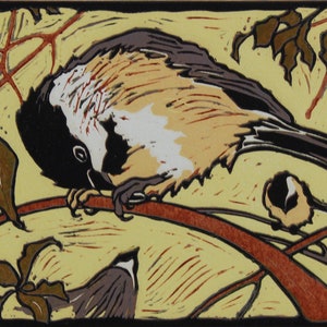 Bird Linocut | Black Capped Chickadee Wall Art | Chickadee Gift | Chickadee Decor | Bird Lino Print | Bird Lover Gift | Original Bird Art
