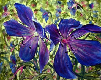 Original Painting of Wild Geraniums | Larger than Life Purple Wildflowers | Beautiful Violet Color Flowering Meadow Plants that Last Forever