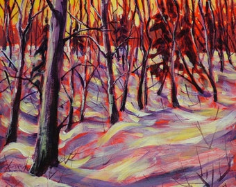 Original Kunst Gemälde | Verschneite Waldlandschaft | Winter boreale Waldbäume | Pappel und Fichte Baumlandschaft | Zitterpappeln Waldlandschaft Thema