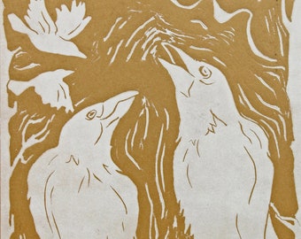 Weißer Rabe Linoldruck | Krähe Kunst Original | Vogel Linoldruck | Krähe Illustration | Raben Kunstwerk | Krähe Geschenk | Raben Geschenk | Vogel Linolschnitt