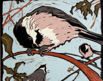 Bird Linocut | Black Capped Chickadee Wall Art | Chickadee Gift | Chickadee Decor | Bird Lino Print | Bird Lover Gift | Original Bird Art