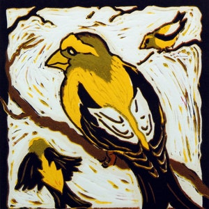 Linograbado de aves / Picogrueso nocturno / Impresión original / Arte de la pared de aves / Ilustración de aves / Decoración del hogar de aves / Regalo amante de las aves / Regalo de observador de aves