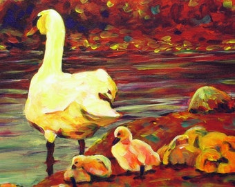 Original Art Painting of Swan Mom and Babies by Lake,  to symbolize grace, loyalty, wisdom, strength, devotion, prosperity, honor, integrity