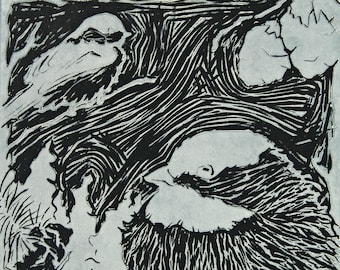 Vogel Linolschnitt | Wandkunst mit schwarzer Kappenmeise | Meise Geschenk | Meise Dekor | Vogel Linoldruck | Geschenk für Vogelliebhaber | Originale Vogelkunst