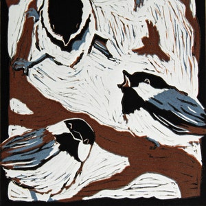 Bird Linocut Black Capped Chickadee Wall Art Chickadee Gift Chickadee Decor Bird Lino Print Bird Lover Gift Original Bird Art image 1