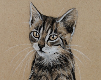 Original Charcoal & White Drawing | Beautiful Elegant Long Tall Tabby Cat Sitting | Critter Character Illustration | Caricature Pet Portrait