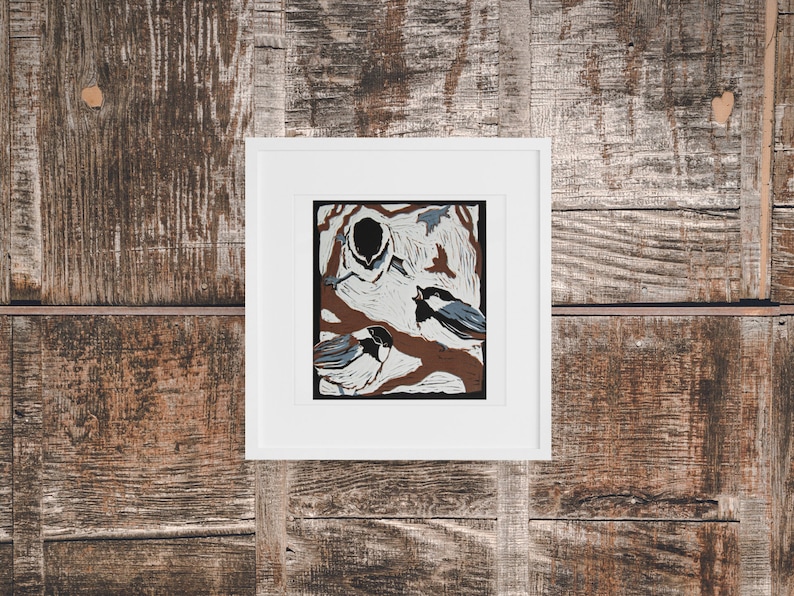 Bird Linocut Black Capped Chickadee Wall Art Chickadee Gift Chickadee Decor Bird Lino Print Bird Lover Gift Original Bird Art image 3