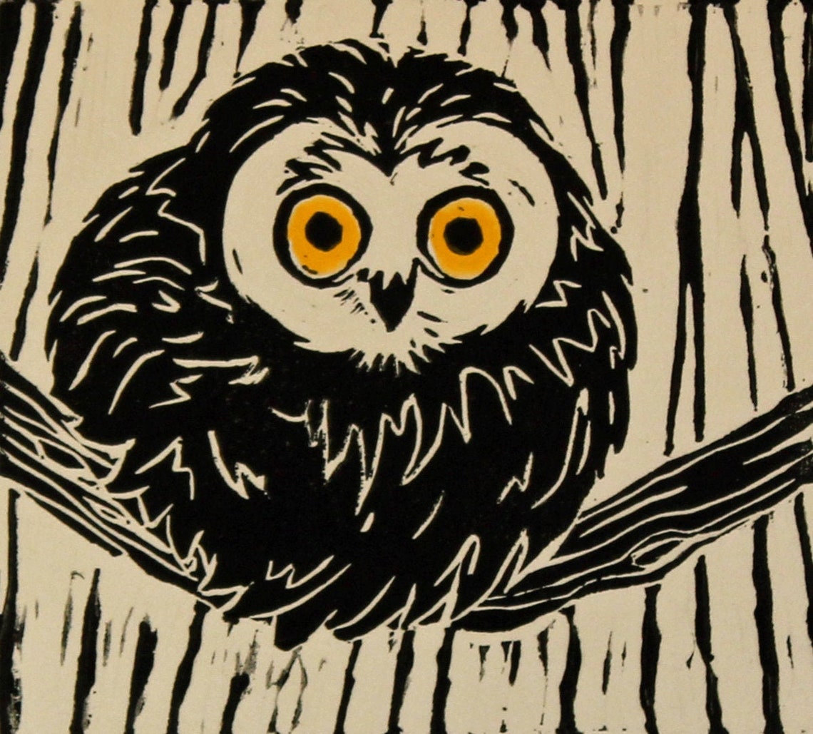 Matted Owl Linocut Owl Lino Print Bird Linocut Original | Etsy
