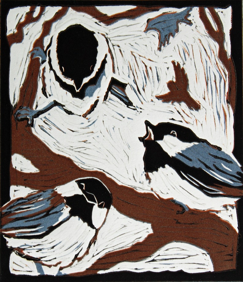 Bird Linocut Black Capped Chickadee Wall Art Chickadee Gift Chickadee Decor Bird Lino Print Bird Lover Gift Original Bird Art image 1