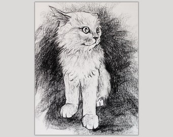 Original Charcoal Drawing of Fluffy White Kitten | Playful Cat Character Illustration Art | Baby Pussycat Caricature Portrait | Great Gift!