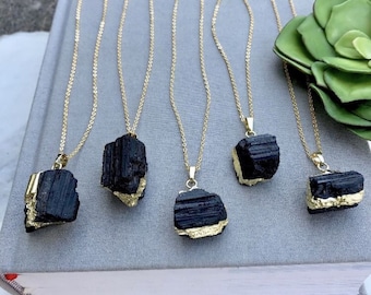 Rohe schwarze Turmalin 18K Gold Halskette | Turmalin Halskette, Erdung, Schutz, Reinigung Energie| Heilsteine