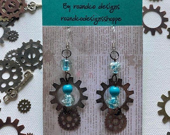 Steampunk Earrings, Glass Beads Metal Gears Steampunk Dangle Earrings, Industrial Steam Punk Jewelry