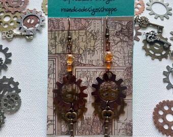 Pendientes Steampunk, Cuentas de Vidrio Engranajes de Metal Llaves Steampunk Pendientes Colgantes, Joyería Industrial Steam Punk