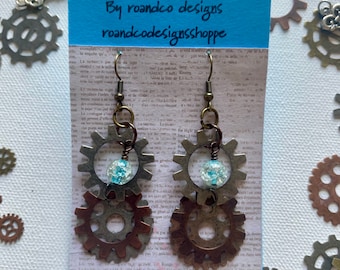 Steampunk Earrings, Glass Beads, Metal Gears Steampunk Dangle Earrings, Industrial Steam Punk Jewelry