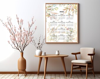 Printable 2024 full year calendar | Lovely watercolor botanical | Year at a glance | Office | Home