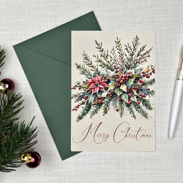 Merry Christmas Card | Elegant Vintage Botanical spray | Digital download | Printable PDF | Holiday decor