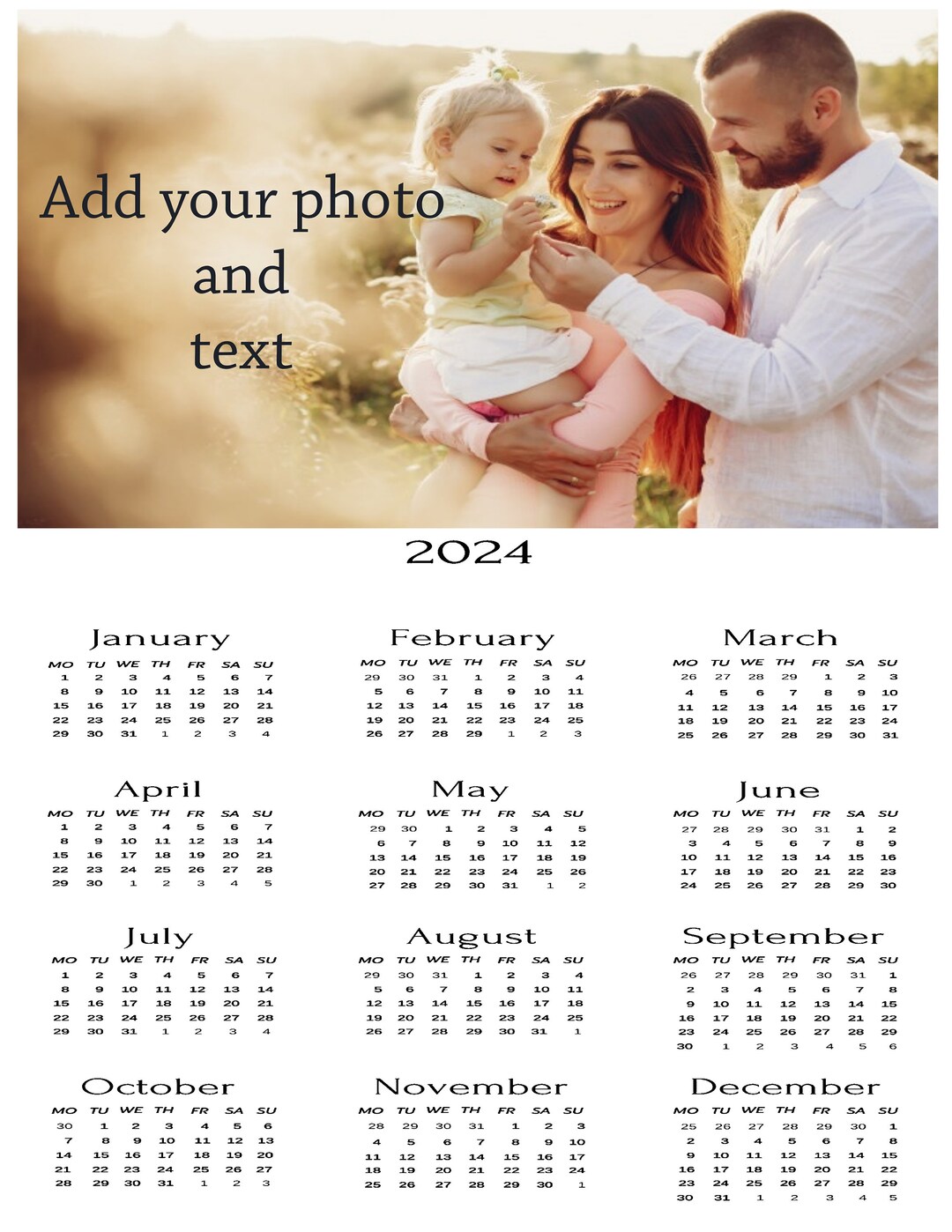 2024 Full Year Calendar Template Add Personal (Download Now) Etsy