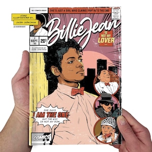 Può includere: Una copertina di fumetto con un design retrò che presenta un ritratto di un uomo con una camicia rosa e un papillon rosso. Il titolo del fumetto è "Billie Jean non è il mio amante". La copertina presenta anche una citazione dal fumetto: "Dice che sono l'unico, ma il bambino non è mio figlio."