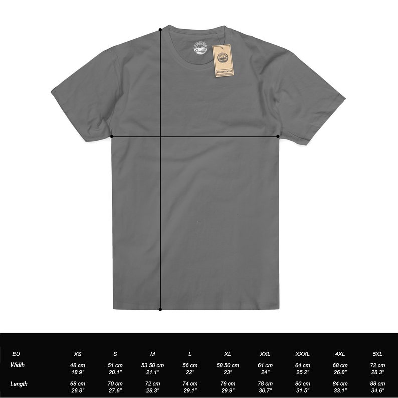 May include: A size chart for a gray t-shirt with measurements in inches and centimeters. The chart shows the width and length of the shirt in different sizes, from XS to 5XL.