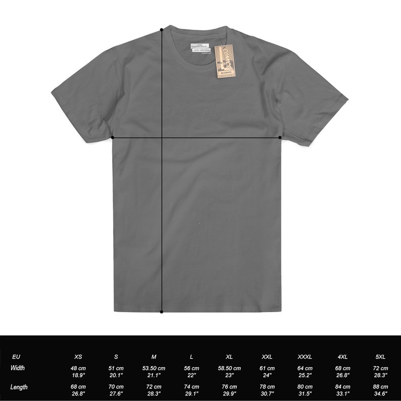 May include: A grey t-shirt with a crew neck and short sleeves. The t-shirt is laid flat and a size chart is shown below the t-shirt. The size chart shows the measurements in centimetres and inches for sizes XS to 5XL.