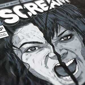 May include: A black and white comic book cover illustration of two women's faces, split down the middle, with the word "SCREAM" in large, bold letters at the top. The women are both screaming with their mouths open, showing their teeth.