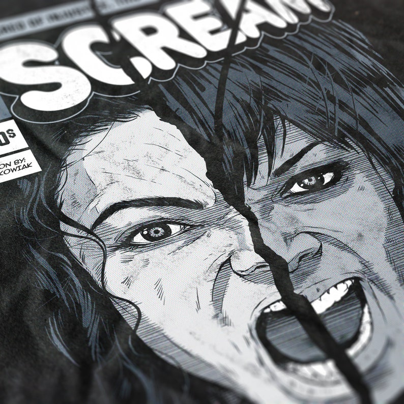 May include: A black and white comic book cover illustration of two women's faces, split down the middle, with the word "SCREAM" in large, bold letters at the top. The women are both screaming with their mouths open, showing their teeth.