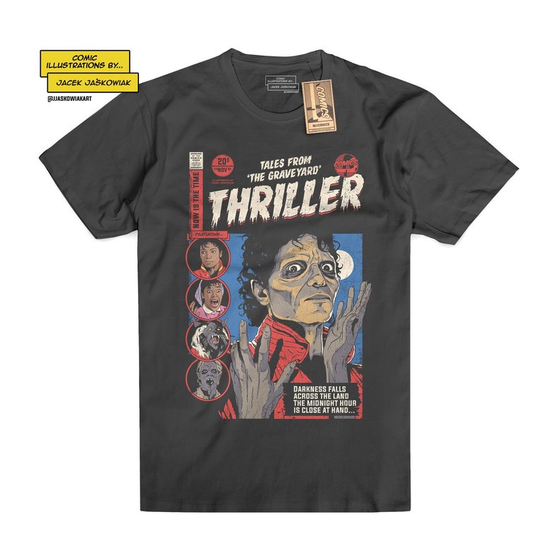 May include: A black t-shirt with a vintage comic book design featuring Michael Jackson as a zombie. The comic book cover reads "Tales from 'The Graveyard' Thriller".