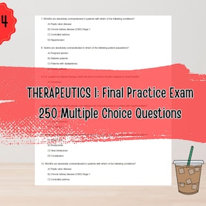 Op de afbeelding: Een rode achtergrond met de tekst "2024" in wit. De tekst "THERAPEUTICS I: Final Practice Exam 250 Multiple Choice Questions" staat in zwart op een witte achtergrond.