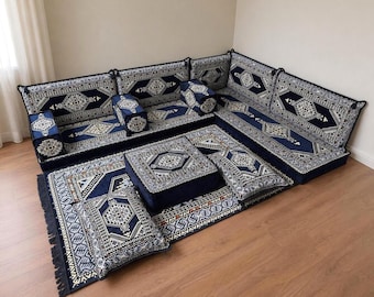 Ottomaanse vloerstoelen, U-vormige vloerbank, Arabische Majlis-stoelen, kelimvloerkussens, traditionele sectionele vloerbank, 4 inch dik